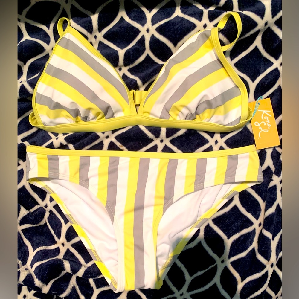 Kona Sol Striped Bikini -Med Bottom, D/DD Criss-Cross Top OR Lrg Metal Clasp Top